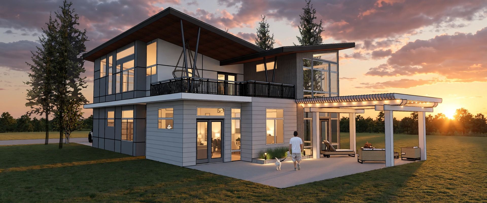 Two-story home with deep roof overhangs, broad glazing and a covered terrace