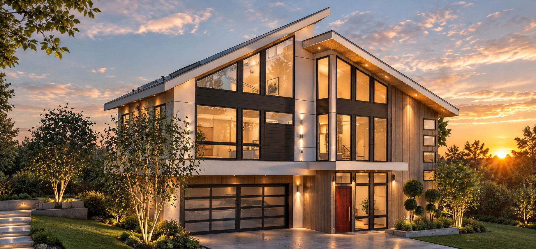 Contemporary multi-level home with asymmetrical rooflines, expansive glazing and an attached garage